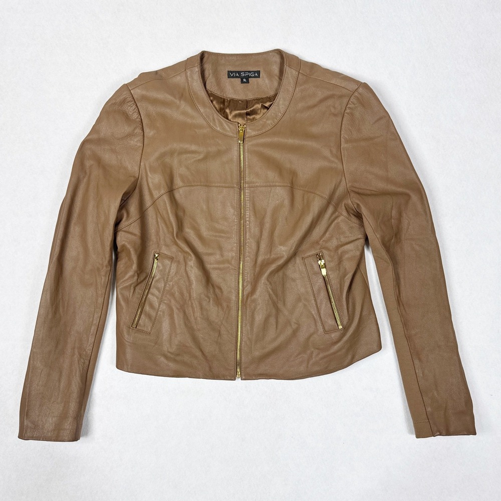 Via Spiga Women Brown Genuine Lamb Leather Bomber‎ Jacket Size XL